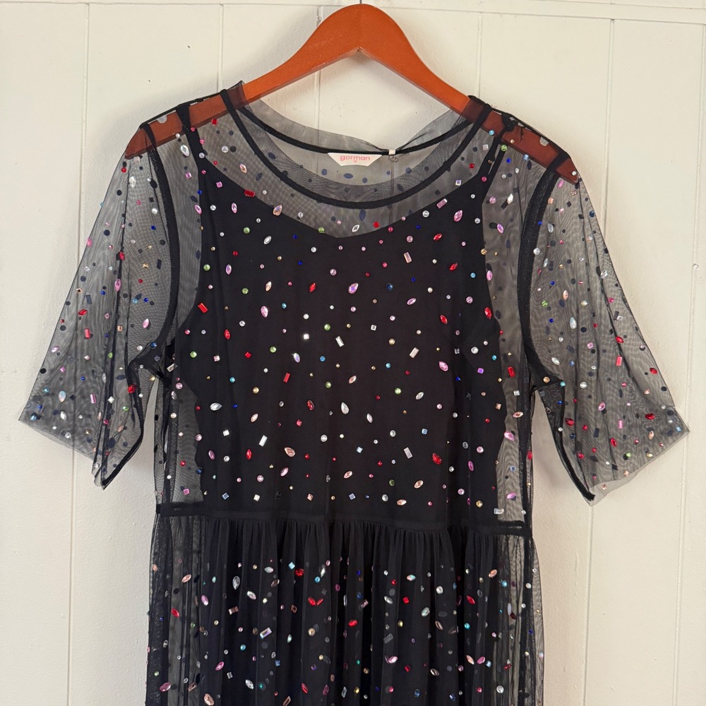 Gorman Womens Dark Fairy Mesh Grunge Rhinestone‎ Dress Midi Size 12 Whimsical - Picture 6 of 14